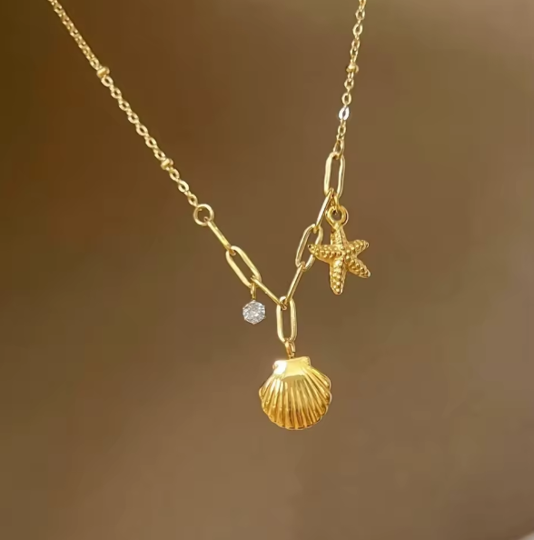 BEACH GOLD PLATED SHELL CHAIN NECKLACE|ANTITARNISHED
