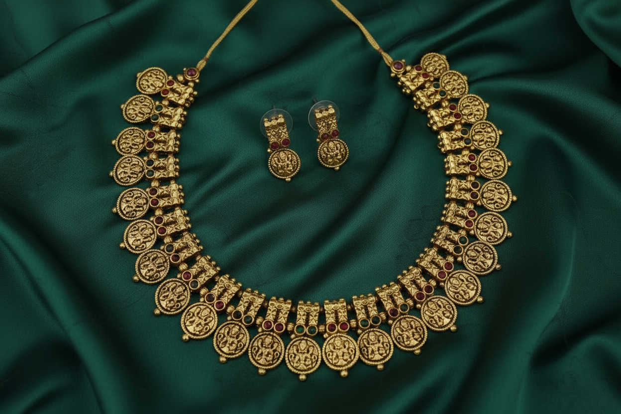 Antique Gold Tone Lakshmi Coin Necklace