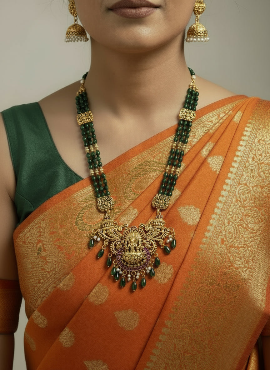 Antique Green beaded long Lakshmi locket haram with Earings