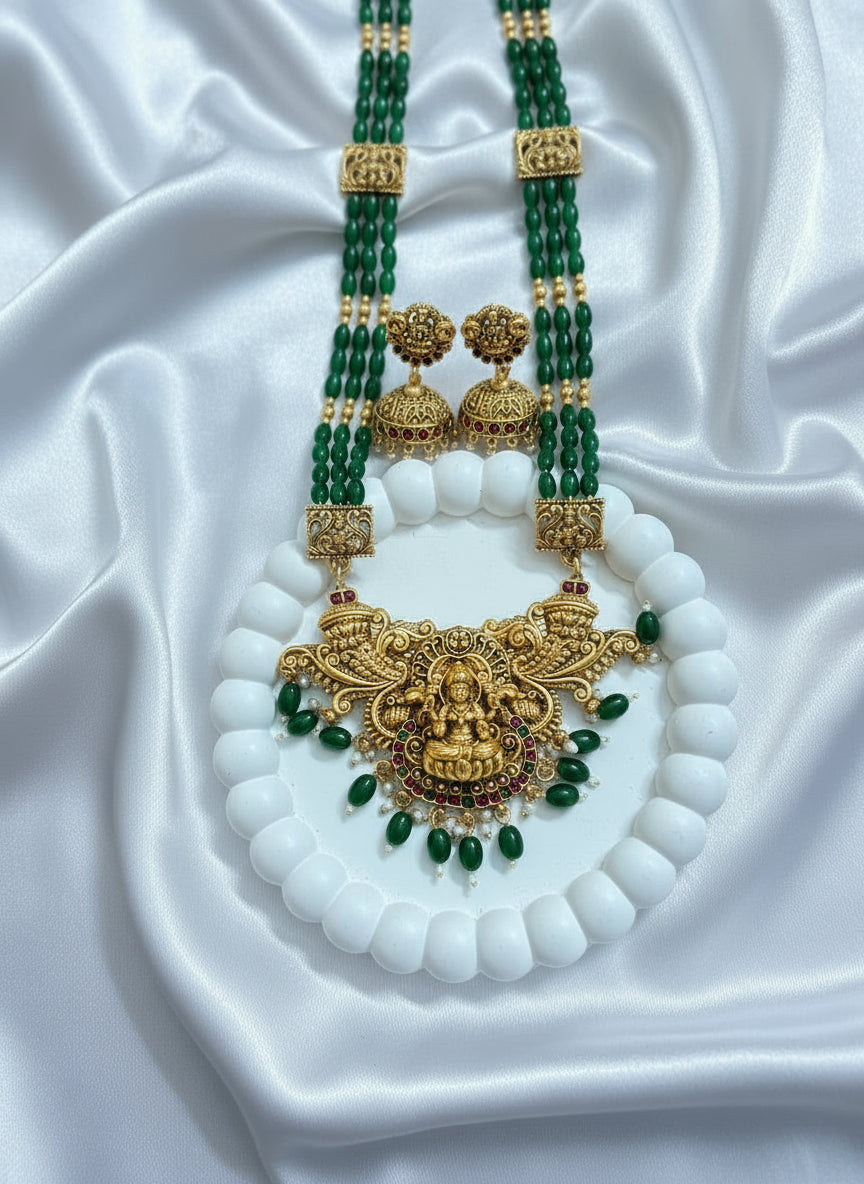 Antique Green beaded long Lakshmi locket haram with Earings