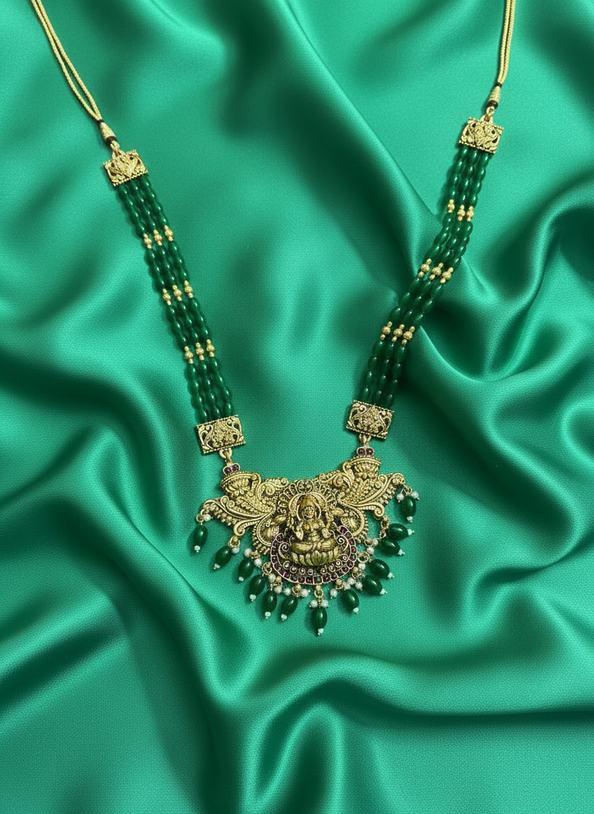 Antique Green beaded long Lakshmi locket haram with Earings