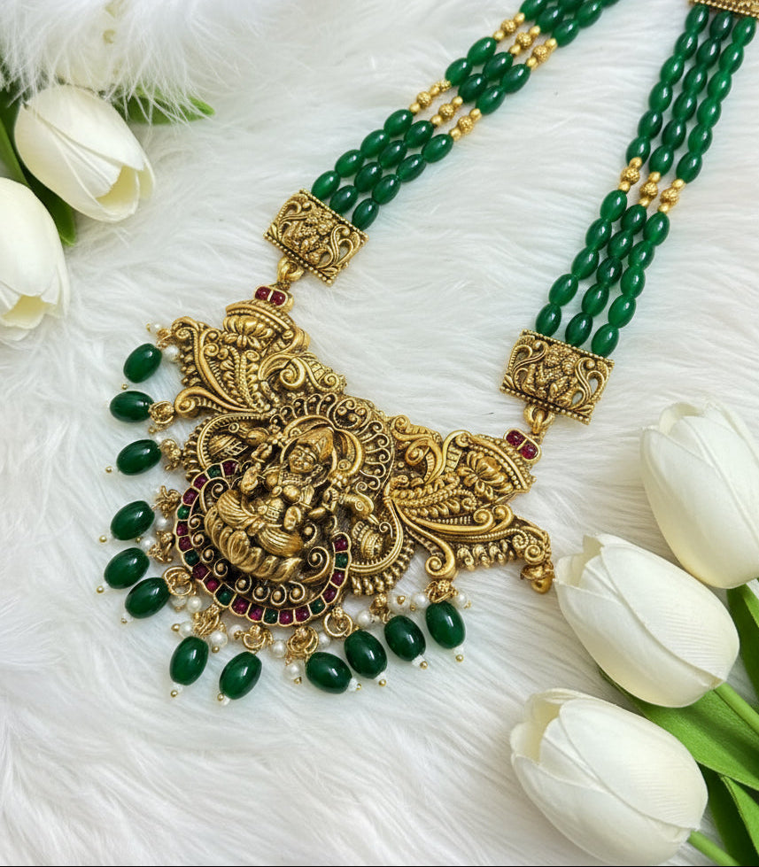 Antique Green beaded long Lakshmi locket haram with Earings