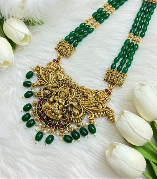 Antique Green beaded long Lakshmi locket haram with Earings